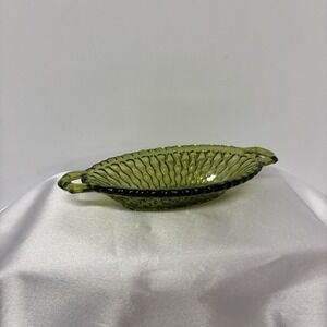 Vintage Indiana‎ Oval Avocado Green Glass Honeycomb Relish Pickle Dish Handles